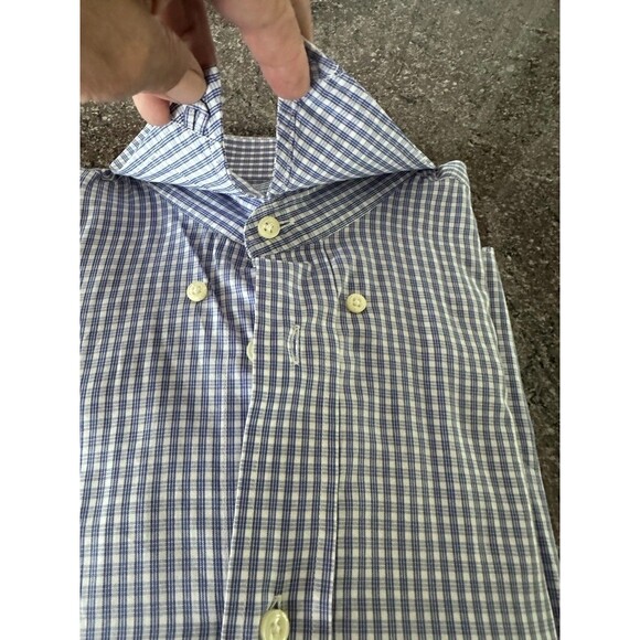 VTG Yves Saint Laurent Dress Shirt Mens 16.5 Blue White Plaid Gingham Button Up - Picture 14 of 15
